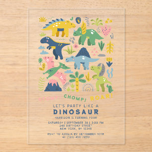 Invitaciones Acrílicas Dino Fiesta Cute dinosaurios modernos cuarto cumpl