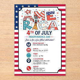 Invitaciones Acrílicas Diseño Colorido de Texto y Estrellas de América