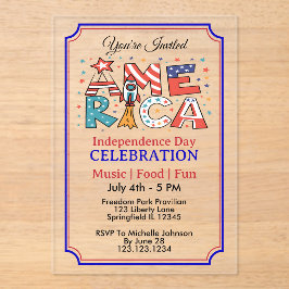 Invitaciones Acrílicas Diseño Colorido de Texto y Estrellas de América