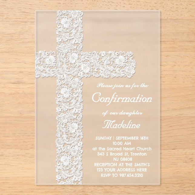 Invitaciones Acrílicas diseño cruzado de encaje | Confirmación (Anverso)