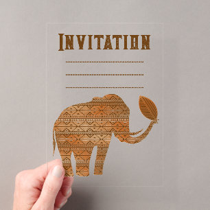 Invitaciones Acrílicas Diseño de Arte Tribal de Elefante