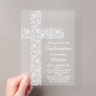 Invitaciones Acrílicas diseño de cruz de encaje   Confirmación