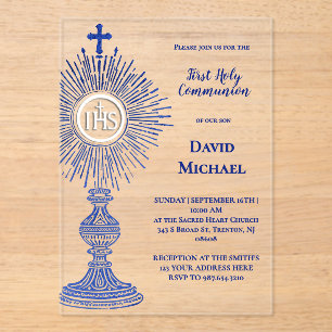 Invitaciones Acrílicas diseño de custodia azul Primera Comunión