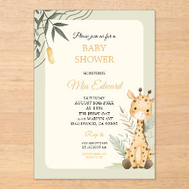 Invitaciones Acrílicas Diseño de fiesta de bebé jirafa acuarela linda