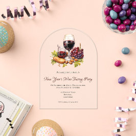 Invitaciones Acrílicas Diseño de fiesta de queso y vino con acuarela de a