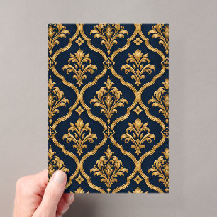 Invitaciones Acrílicas Diseño de Motivo Vintage de Damasco Dorado y Azul 