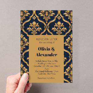 Invitaciones Acrílicas Diseño de Motivo Vintage de Damasco Dorado y Azul 