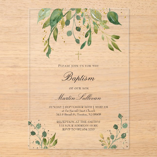 Invitaciones Acrílicas diseño de vegetación | Bautismo (Anverso)
