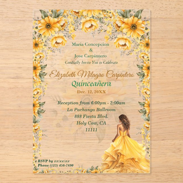 Invitaciones Acrílicas Diseño floral Quinceañera amarillo brillante (Anverso)