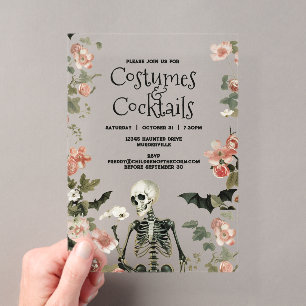 Invitaciones Acrílicas Disfraces de Esqueleto Cócteles Floral Fiesta de H