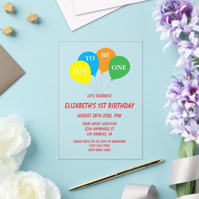 Invitaciones Acrílicas Diversión al cumplir 1 año (Insitu (Boda))