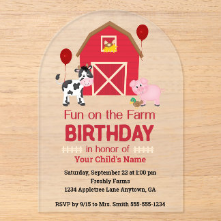 Invitaciones Acrílicas Diversión en la Granja Cumpleaños Personalizado co