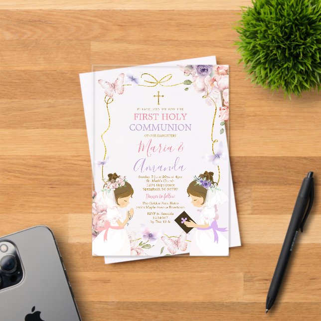 Invitaciones Acrílicas Doble Chica Mariposa Rosa Morada Primera Santa Com (Insitu (Tarjeta de Invitación))