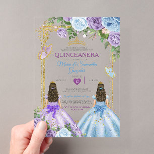 Invitaciones Acrílicas Doble Corona Floral Dorada, Morada y Azul para Qui