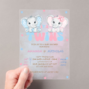 Invitaciones Acrílicas Doble Elefante Niño Niña Baby Shower