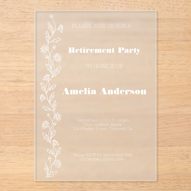 Invitaciones Acrílicas Doodle de jubilación simple margarita blanco (Anverso)