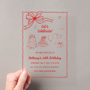 Invitaciones Acrílicas Doodle Dibujado a Mano Lazo Coquette Rosa Rojo Cum