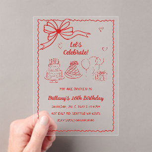 Invitaciones Acrílicas Doodle Hand dibujado Coquette Rojo Rosa Bow Cumple