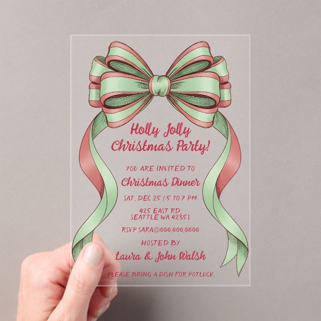 Invitaciones Acrílicas Doodle Hand drawn Green Red Bow Christmas Party (Insitu (portátil))
