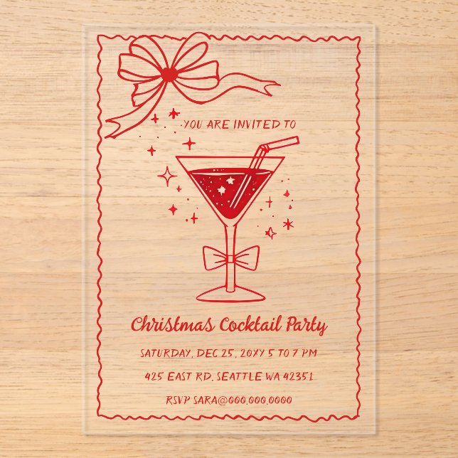 Invitaciones Acrílicas Doodle Hand drawn Pink Red Bow Christmas Cocktails (Anverso)