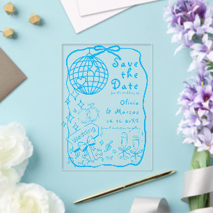 Invitaciones Acrílicas Doodle ilustrado a mano azul Boda Save The Date