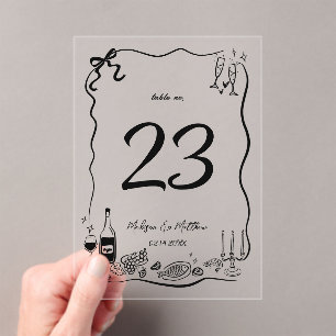 Invitaciones Acrílicas Doodles dibujados a mano Scribbles Boda Número de