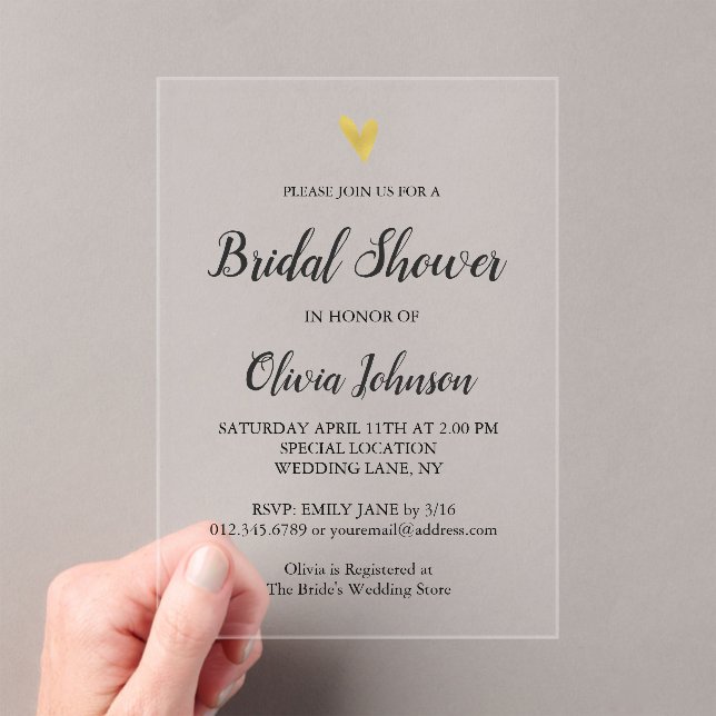 Invitaciones Acrílicas Dorado Corazón Elegante Moderno Ducha Bridal (Insitu (portátil))