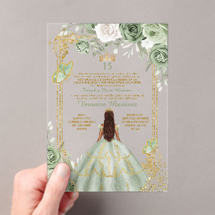 Invitaciones Acrílicas Dorado español Sage Green 15 Años Princesa Nacimie
