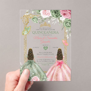 Invitaciones Acrílicas Dorado Sage Verde Y Gemelos Rosa Quinceañera