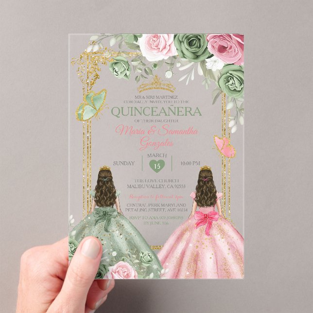 Invitaciones Acrílicas Dorado Sage Verde Y Gemelos Rosa Quinceañera (Insitu (portátil))