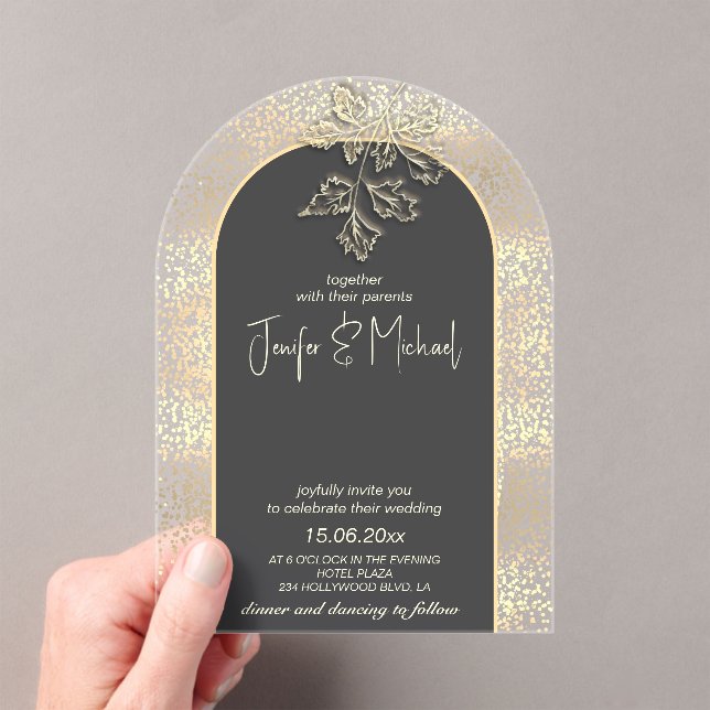 Invitaciones Acrílicas Dorado suave romántico confetti floral (Insitu (portátil))