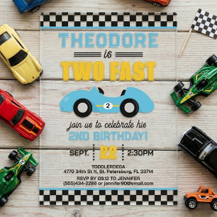 Invitaciones Acrílicas Dos Autos de Carrera Rápidos Cumpleaños 2