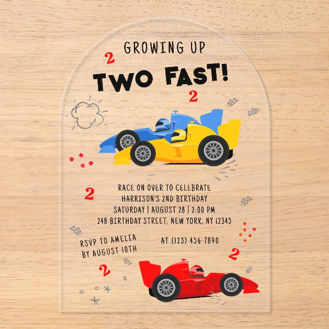 Invitaciones Acrílicas Dos coches de Carreras de niños de segundo cumplea (Anverso)