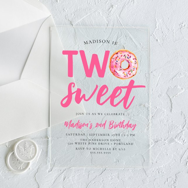 Invitaciones Acrílicas Dos dulces donut rosados segundo cumpleaños (Subido por el creador)