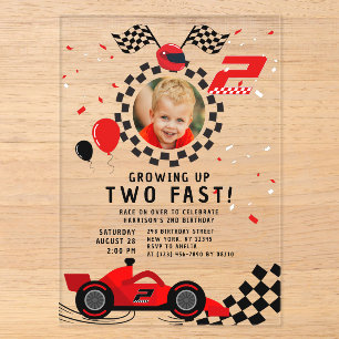 Invitaciones Acrílicas Dos Niños Rápidos Cumpleaños 2 Coche de Carreras R
