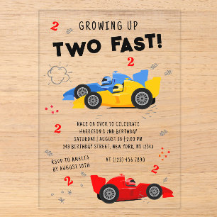 Invitaciones Acrílicas Dos Niños Rápidos Cumpleaños Número 2 Coches de Ca