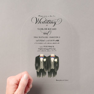 Invitaciones Acrílicas Dos novios con corbatas de arcoíris Foto de boda g