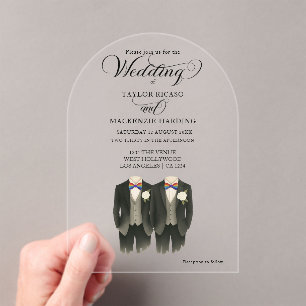 Invitaciones Acrílicas Dos novios en una foto de un Boda gay con lazos de
