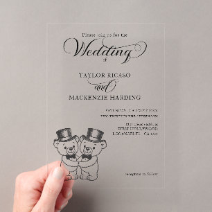 Invitaciones Acrílicas Dos novios osos de peluche con sombreros de copa B