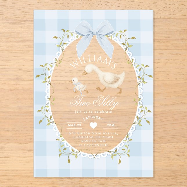Invitaciones Acrílicas Dos Silly Goose Cumpleaños 2 con Gingham Azul (Anverso)