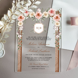 Invitaciones Acrílicas Doscientos Madera Floral Monograma Cresta Dosel Bo