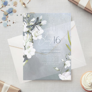 Invitaciones Acrílicas Dragonfly Floral Sweet 16 Azul Polvoriento ID1310