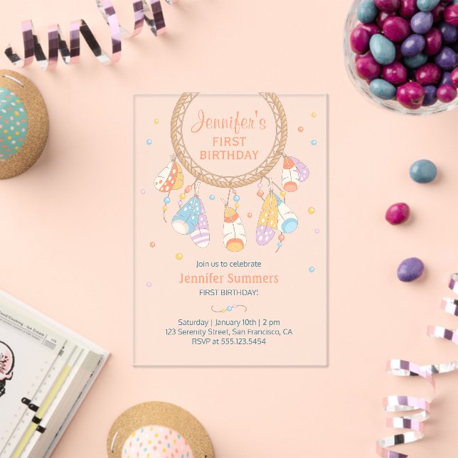 Invitaciones Acrílicas Dreamcatcher Boho Baby First Birday Transparent (Insitu (Celebración))