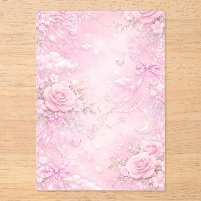 Invitaciones Acrílicas Dreamy Pink Rose Floral Pearls Bows Sparkle Pastel (Anverso)