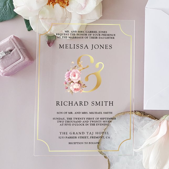 Invitaciones Acrílicas Dreamy Soft Pink Floral Gold Wedding (Subido por el creador)
