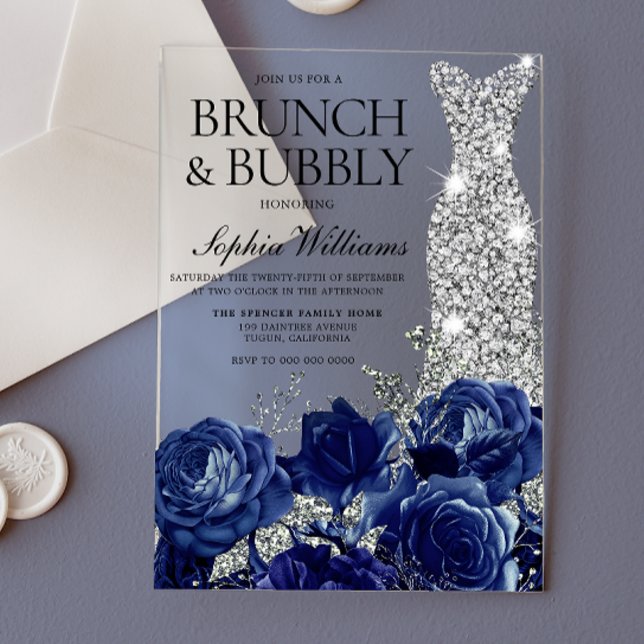 Invitaciones Acrílicas Dress azul plateado Brunch & Bubbly Bridal Shower (Subido por el creador)