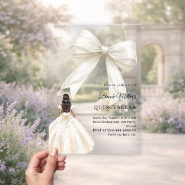 Invitaciones Acrílicas Dress de quinceañera en marfil con lazo de lujo cr