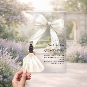 Invitaciones Acrílicas Dress de quinceañera en marfil con lazo de lujo cr