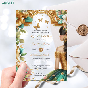 Invitaciones Acrílicas Dress Quinceañera Oro Rosas Esmeraldas Verdes Quin