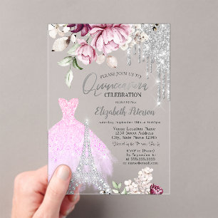 Invitaciones Acrílicas Drips, Vestido, Torre Eiffel Lilas Rosas Quinceañe